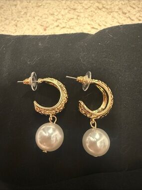 Gold Tune Hoop Earrings with Faux Pearl Drop